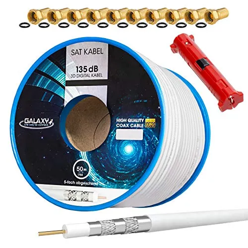 HB-DIGITAL SET 50m Koaxial SAT Kabel 135db Weiß + 10x F-Stecker vergoldet + 1x Abisolierer | CCS Stahl Kupfer Satellit Antennenkabel 5-Fach geschirmt für DVB-S/S2 -C/C2 -T/T2 DAB+ Radio Anlagen