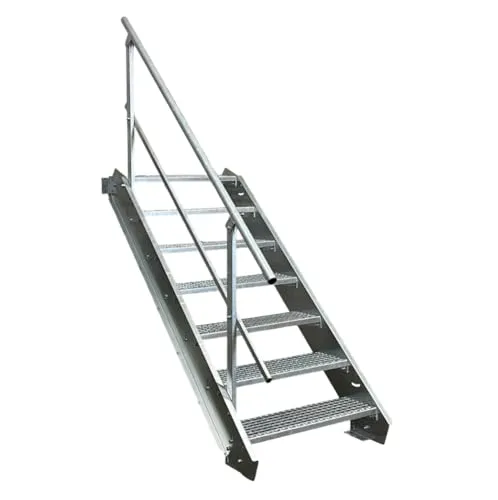 Stufen Stahltreppe mit einseitigem Geländer/Breite 60cm Geschosshöhe 100-140cm / Robuste Außentreppe/Wangentreppe/Stabile Industrietreppe für den Außenbereich/Inklusive Zubehör 7