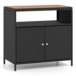 COSTWAY Rattan Gartenschrank mit Akazienholz Arbeitsplatte - Organisieren Sie Ihren Außenbereich mit diesem stilvollen Rattan-Aufbewahrungsschrank. Er bietet großzügigen Stauraum und eine robuste Metallstruktur, die bis zu 90 kg trägt. Ideal für Terrasse, Garten oder Poolbereich.