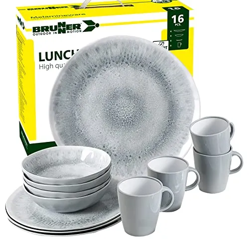BRUNNER Camping Geschirrset PEARL (16-teilig) – Rutschfest und Bruchsicher - Praktisches 16-teiliges Camping Geschirrset für 2-4 Personen. Hitzebeständige Becher bis 95 °C, rutschfest und kratzfest. Perfekt für unterwegs – leicht und platzsparend!