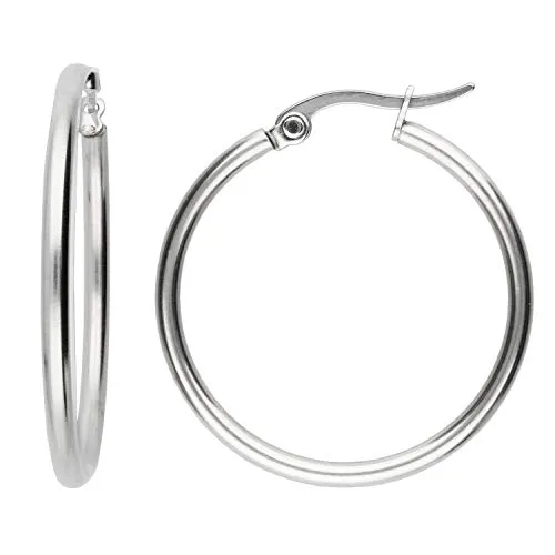 LÖB Unisex Titan Silber Creolen Ohrringe Ohrstecker Poliert Rund Stecker mit Klappbügel 15mm 20mm 30mm 40mm 50mm 60mm Damen Herren Kinder