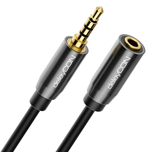deleyCON 1m Headset Kopfhörer Verlängerung AUX 3,5mm Klinke CTIA 4 Polig TRRS Mikrofon Verlängerungskabel Stereo Audio Metallstecker PC Handy Smartphone Tablet HiFi Receiver (Extra Dünn & Flexibel)