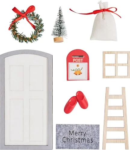 VBS Wichteltür-Set Merry Christmas 9-teilig Miniatur aus Sperrholz Filz Holz Stoff Kunststoff Draht für Weihnachten