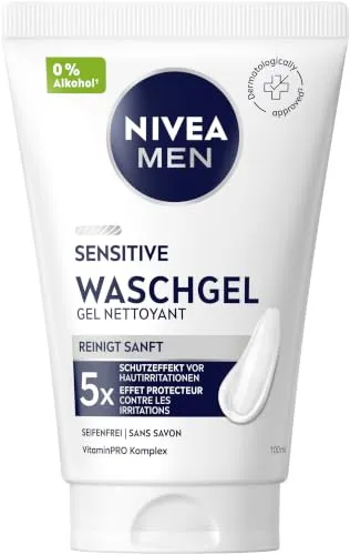 NIVEA MEN Sensitive Waschgel, sanftes Reinigungsgel für empfindliche Männerhaut, beruhigende Gesichtsreinigung zur Linderung von Hautirritationen (100 ml)