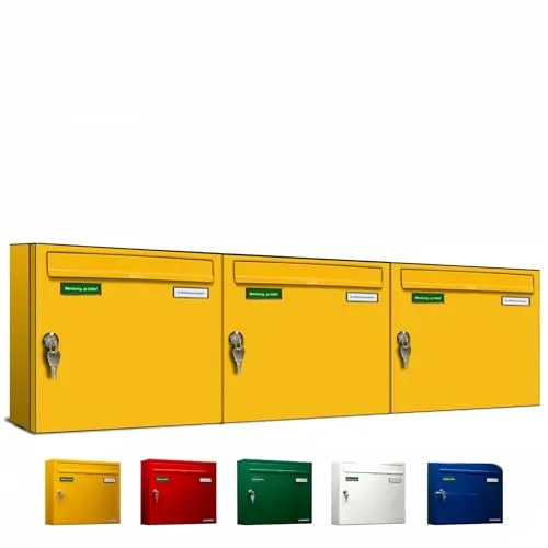 AL Briefkastensysteme Basic 3er Briefkasten RAL 1003 Signal Gelb - Wandbriefkästen mit 3 Fächern für DIN A4, wetterfest, inklusive 2 Namensschildern und Posthaltebügel, ideal für Mehrfamilienhäuser.