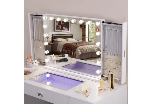FENCHILIN Kosmetikspiegel mit LED-Beleuchtung und Bluetooth-Funktion, 80 x 60 cm - Eleganter Kosmetikspiegel mit 3 einstellbaren LED-Lichtmodi und Bluetooth-Lautsprecher. Ideal für präzises Make-up und zur Aufbewahrung von Schmuck. Maße: 80 x 15 x 60 cm.