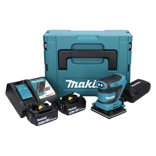 Makita DBO 480 RTJ Akku Schwingschleifer 18 V - Leistungsstarker Akku Schwingschleifer mit 2x 5,0 Ah Akkus und Ladegerät, ideal für präzises Schleifen in Werkstatt und Heim. Inklusive praktischem Makpac.