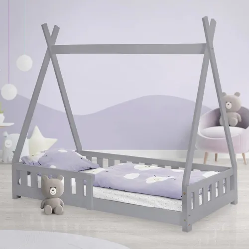 ML-DESIGN Kinderbett Hausbett Tipi Zeltbett - Kinderzimmermöbel mit Rausfallschutz, ideal für sichere Träume und Abenteuer im eigenen Zimmer. Inklusive Lattenrost, modernes Design in Hellgrau.