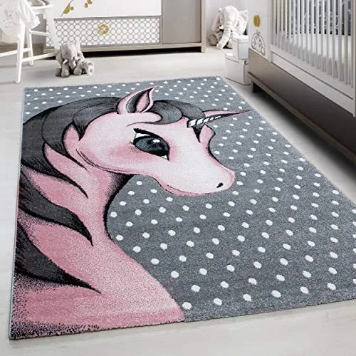 Teppium Kinderteppich für Jungen und Mädchen Einhorn Muster 80 x 150 cm Pink - Kurzflor Waschbarer Teppich Extra Weich und Antiallergen - Teppich für Kinderzimmer, Babyzimmer und Spielzimmer