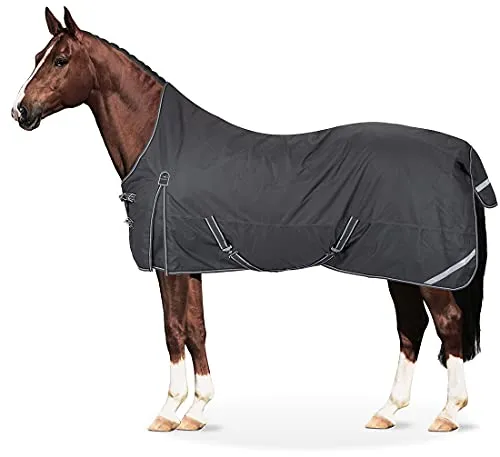 Equinate Regendecke Oakland Highneck 165cm Grau - Wasserdichte und atmungsaktive Weidedecke aus 1200D Ripstop Polyester mit weichem Fleeceinnenfutter, ideal für optimalen Schutz und Komfort Ihres Pferdes.