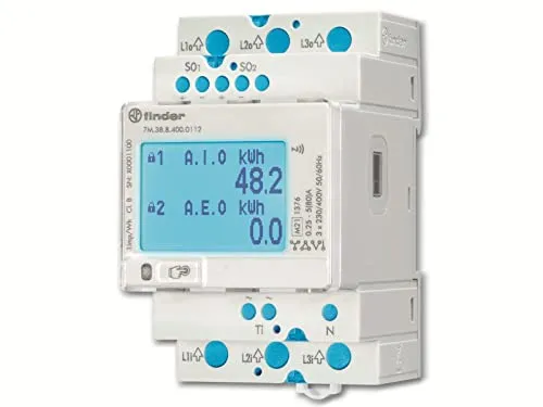 Finder Energiezähler 7M.38.8.400.0112 - Multifunktionaler 3-Phasen Energiezähler für präzise Verbrauchsmessung, MID-konform, mit LCD-Anzeige und zwei Tarifen, ideal für effizientes Energiemanagement.