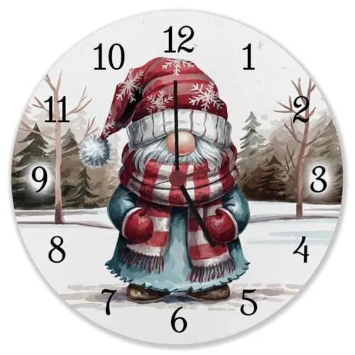 speecheese Wichtel mit rotem Schal Wanduhr - Charmante Dekoration für Ihr Zuhause Aquarellmotiv mit roter Mütze weiße Schneeflocken in verschneiter Landschaft