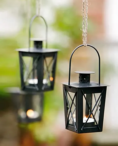 2X Mini Laterne aus Metall + Glas, schwarz, Teelichthalter, Hängelaterne, Metalllaterne, Gartenlaterne, Windlicht, Garten-Deko für Draußen wetterfest