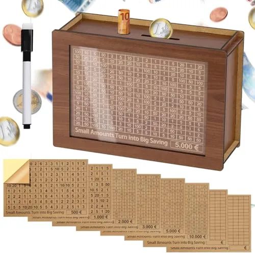 Alyvisun Spardose Holz mit Marker Aufklebern, Sparbüchse mit Zähler 5000€ Wiederverwendbare Geldkassette Holzspardose mit Sparziel zum Ankreuzen Sparbox Geldsparbox Cash Box €500-€10000 Ziel