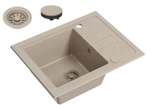 VBChome Spülbecken Granit Beige 55 x 44 cm Einzelbecken Einbauspüle Gesprenkelt Reversibel Granitspüle Beige Siphon Waschbecken