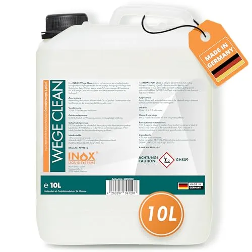 INOX® Effektives Wege Clean Konzentrat 10L - Intensiver Steinreiniger - Spezialputzmittel zur effektiven Entfernung von Grünbelägen, Algen und Flechten. Ideal für die gründliche Reinigung von Stein, Beton und Fliesen mit langanhaltendem Schutz gegen Neuwuchs.