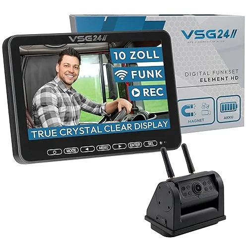 VSG24 10“ Funk Rückfahrsystem ELEMENT HD - Rückfahrkamera mit 140° HD-Blickwinkel und Nachtsicht-Funktion, ideal für Traktoren und LKWs - kabelloser Betrieb für flexible Montage mit starkem Magnet.