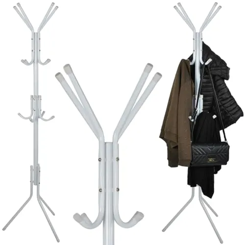 Ruhhy Garderobenständer 12 Haken 3 Ebenen 175cm Kleiderständer für Jacken Mäntel Schals Taschen Hüte Metall Schwarz/Weiß 23814, Farbe:Weiß/White
