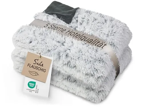 ZOLLNER Wohndecke XXL, extra flauschige Felloptik 150 x 200 cm - Bettdecken in grau mit extra flauschiger Felloptik, ideal für gemütliche Abende. Waschbar bis 30°C und OEKO-TEX® zertifiziert.