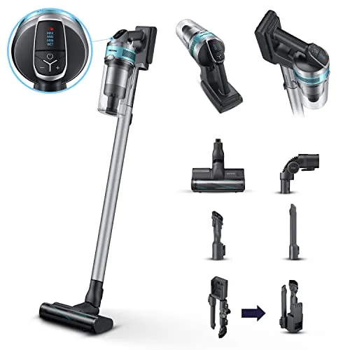 Samsung Jet 75 Turbo mit HEPA Filter - Stabstaubsauger mit 5-stufigem Filtersystem, das 99,999 % Staub und Allergene zurückhält. Bis zu 60 Minuten Laufzeit und 180° drehbare Turbo-Action Bürste für gründliche Reinigung in jedem Winkel.