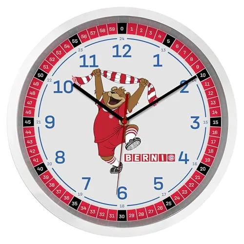 K&L Wall Art FCB Fußball Wanduhr FC Bayern München Uhr Jungenzimmer lautlos ohne Ticken (Maskottchen Berni Kinderlernuhr, 30 cm)