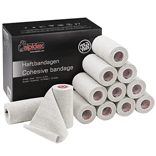 ALPIDEX 12 Rollen Haftbandage 10 cm x 4.5 m Selbstklebender Verband Pet Bandagen Fixierband Sport Vet Wrap Tape Selbsthaftend, Farbe:weiß