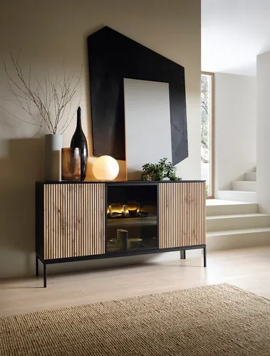 Compleo Kommode LINO, 3-türig,mit LED-Beleuchtung, Schwarze Untergestell aus Metall