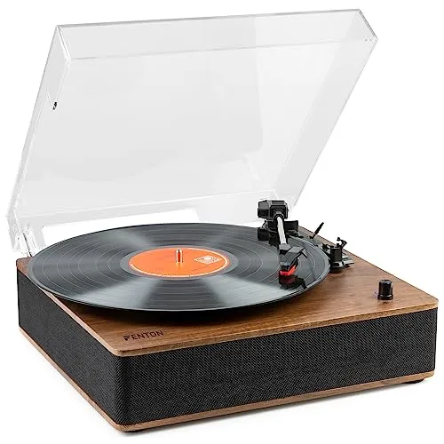 Fenton RP161 Plattenspieler Bluetooth, HQ Vinyl Player, Staubdeckel, Line-Out, eingebaute Stereo Lautsprecher, 3 Geschwindigkeiten, Single Puck, Schallplattenspieler mit Lautsprecher Walnuss Braun