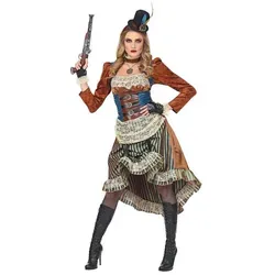 Carnival Party Steampunk Kostüm XL - 3tlg. Steampunk Kostüm in Hellbraun/Blau, ideal für Fasching und Karneval. Inkl. Kleid, Handschuhe und Hut mit edlen Details wie Spitze und Zierknöpfen.