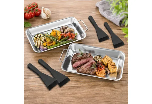 Haushalt International Grillschale Grilbehälter Grillpfanne Edelstahl 2tlg + 4 Schaber, Edelstahl, (Set, 6-St., Packung), 6tlg, Kunststoffschaber, 21x13x2cm, Grillzubehör
