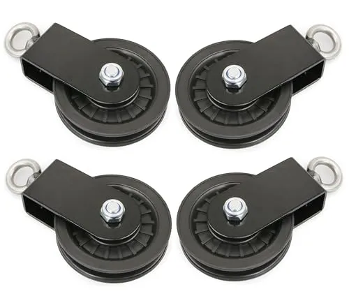BAYLI 4er Set Seilrolle 90mm mit U Haltebügel - Praktisches Set mit 4 drehbaren Seilrollen für vielseitigen Einsatz im Krafttraining. Ideal für Trizeps-Übungen und Outdoor-Sport. Hohe Tragfähigkeit bis 200 kg, leicht und transportabel.