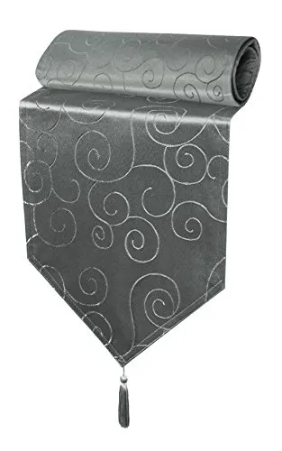 Tischläufer Damast 30x160 cm Grau Ornamente Circle, dekorative Tischdecke, Tischband mit Quaste, Moderne Mitteldecke für Wohnzimmer Esszimmer, Gastronomie Tischdecken