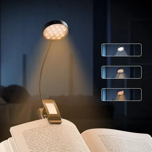 LQWELL® Nachttisch-Leselampe, wiederaufladbare USB-Leselampe, 3 Farbtemperaturen, 10 Helligkeitsstufen, stufenlos dimmbar, 360° flexibles Buchlicht für Kinder und Buchliebhaber (Schwarz, 1 Stück)