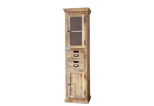 baario Hochschrank Badschrank VODICE 50cm schmal aus Mangoholz - Eleganter Hochschrank im Landhausstil mit edlem Antik-Finish. Hinter den massiven Türen und in den zwei Schubladen bietet er viel Stauraum für Bad oder Flur. Handgefertigte Qualität aus Mangoholz, die begeistert!