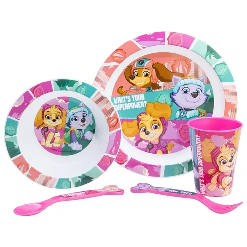 Paw Patrol Skye Kinder Geschirr-Set 5 teilig Becher Teller Schüssel Besteck