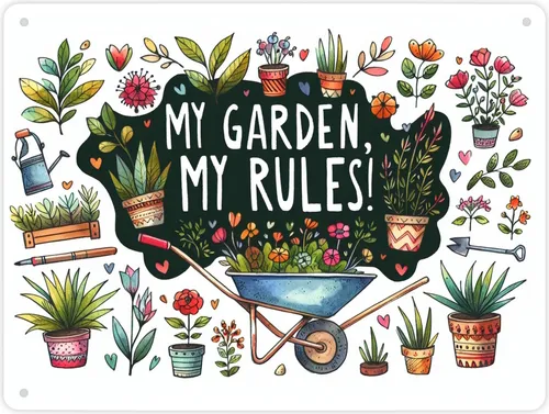 Schubkarre im Garten Metallschild XL in 21x28 cm mit Spruch My Garden, My Rules!
