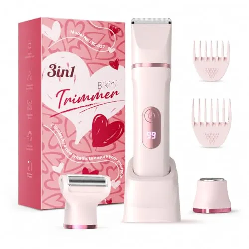 Rasierer Damen, 3-in-1 Intimrasierer für Frauen, für Körper & Bikinizone Trimmer, Gesichtshaarentferner für Frauen, Damenrasierer elektrisch IPX7, USB-Ladestation, Trimmer Damen intimbereich, Rosa