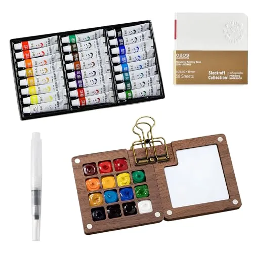 Mini Aquarell Set,Tragbare Aquarellpalette mit 15 Grids,Holz Malkasten für Reisen – Pocket Artist Travel Set mit Aquarellpapier,Aquarellpinsel Stifte,Clip&Skizzenbuch für Outdoor Malen (MIT 24 Farben)