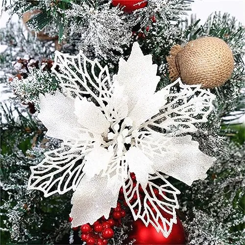 GLITZFAS 12 Stück Glitter Weihnachtsbaum Dekoration, Weihnachtsbaumschmuck Ornament aus Kunststoff, Weihnachten Blumen Dekor, Christbaumanhänger (Weiß,9 cm)