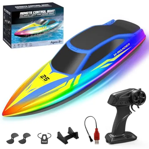 WUQNGI Ferngesteuertes Boot mit 2 Batterien, RC Speedboot für Kinder & Erwachsene, High Speed Motorboot ab 6 Jahre, Wasserboot mit LED-Licht, 2,4 GHz Rennboot Spielzeug Geschenk für Pool Meer Seen