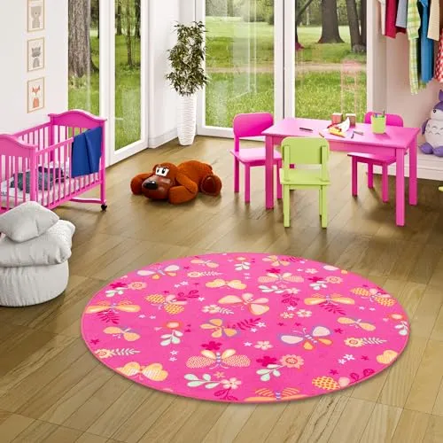 Snapstyle Kinder Spiel Teppich Schmetterling Pink Rund - 7 Größen verfügbar - Teppich fürs Kinderzimmer, maschinengetuftet und pflegeleicht mit einem weichen Vliesrücken für optimalen Komfort beim Spielen.