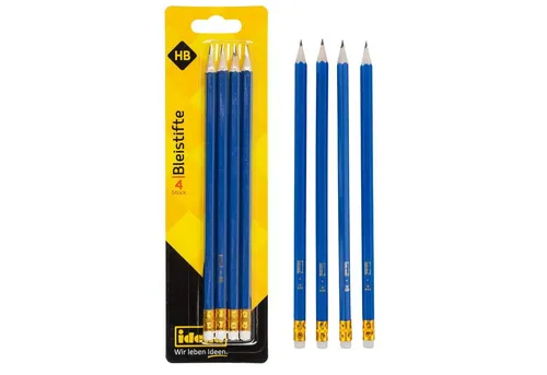 Idena Bleistift Idena 20013 - Bleistift, 4 Stück, Härte HB, mit Radiertip, Blau