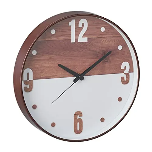 Relaxdays Wanduhr, Ø 29,5 cm, batteriebetrieben, analoge Küchenuhr, Holzoptik, Wohnzimmeruhr mit Zahlen, braun/weiß