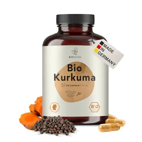 BIONUTRA® Bio Kurkuma Kapseln hochdosiert mit schwarzem Pfeffer, 4500 mg Tagesdosis, rückstandskontrolliert, deutsche Herstellung, vegan, ohne Zusätze, Curcuma Kapseln hochdosiert, 270 Stück x 750mg