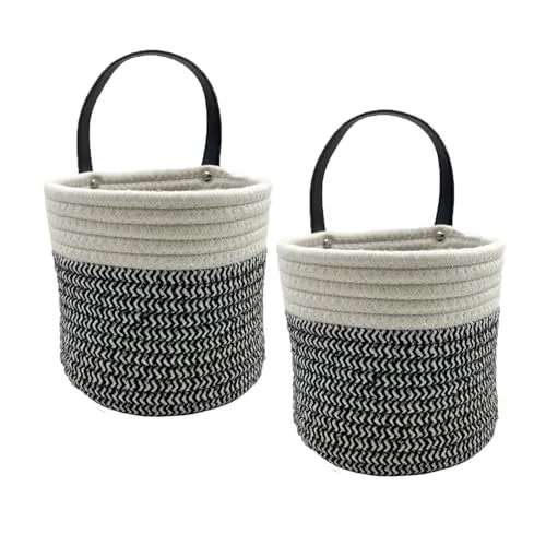 SOQKEEN Baumwollseil Korb, 2 Stück Aufbewahrungskorb Klein Kinder mit Ledergriffen Gewebter Hängekorb aus Baumwollseil Gewebter Korb für Badezimmer Aufbewahrung Pflanzen Küche Büro Schlafzimmer