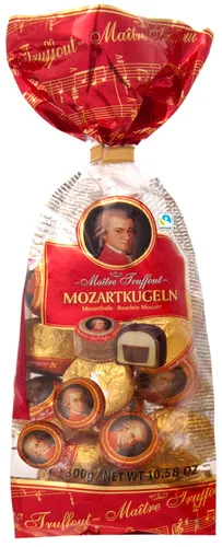 Maitre Truffout Mozart Kugeln 300g - Schokoladenbonbons & Pralinen, exquisite Vollmilchschokolade mit Marzipan und Pistazie, perfekt für besondere Anlässe oder als Geschenk.