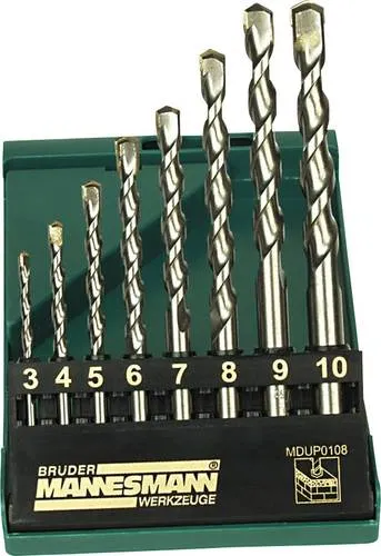 Brüder Mannesmann M54309 Stahl Stein-Spiralbohrer-Set 3 mm, 4 mm, 5 mm, 6 mm, 7 mm, 8 mm, 9 mm, 10mm Zylinderschaft 1St.