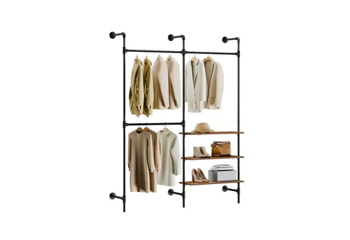 SoBuy Kleiderständer KLS18 mit Schuhablage - Vielseitiger Garderobenständer in Vintagebraun-Schwarz, mit 3 Kleiderstangen und 3 Ablagen für optimalen Stauraum und Organisation. Ideal für jeden Raum!