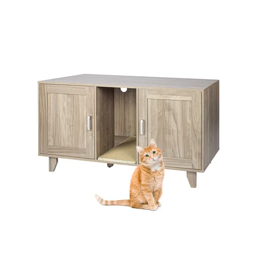 Katzenschrank Katzenhöhle mit Stauraum für Katzenklo - Stylischer Katzenschrank in grau, perfekt für die Aufbewahrung des Katzenklos. Mit einer Breite von 120 cm und einer Höhe von 65 cm bietet er ausreichend Platz und sorgt für Ordnung im Zuhause.