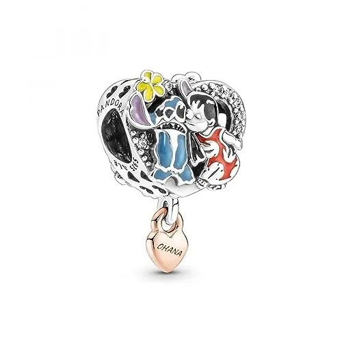 PANDORA Moments Disney Ohana Charm: Lilo & Stitch aus Sterling-Silber - Bead Charms für Damen, feiere Familie und Freundschaft mit diesem herzförmigen Charm, verziert mit Cubic Zirkonia und dem Zitat „OHANA means family“.